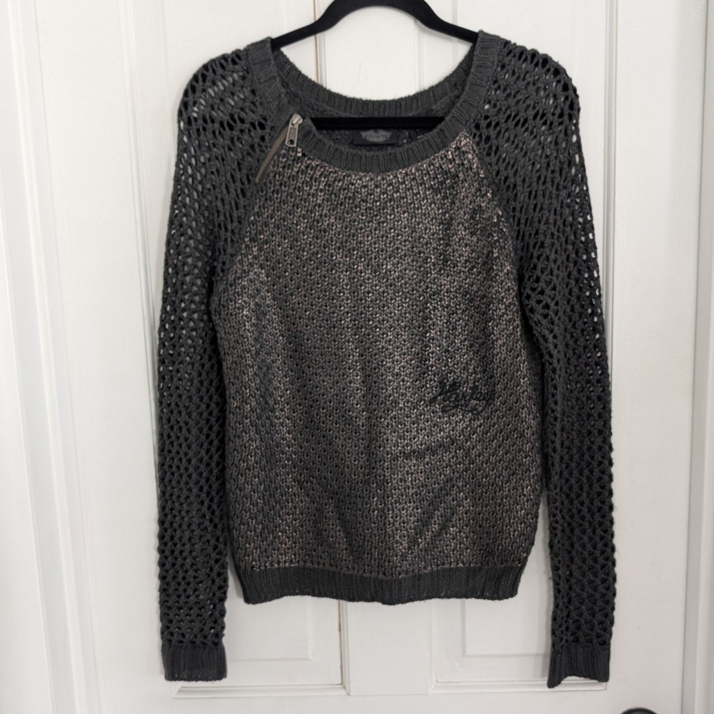 Harley Davidson Pullover Sweater SMALL Grunge Open Knit Slvs Logo Metallic Women